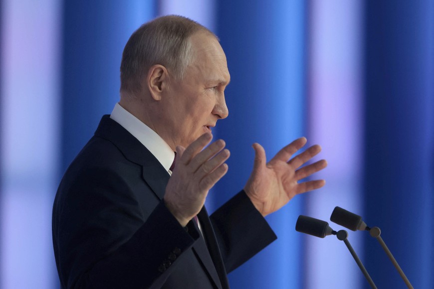 Russian President Vladimir Putin delivers his annual address to the Federal Assembly in Moscow, Russia February 21, 2023. Sputnik/Mikhail Metzel/Pool via REUTERS ATTENTION EDITORS - THIS IMAGE WAS PROVIDED BY A THIRD PARTY.