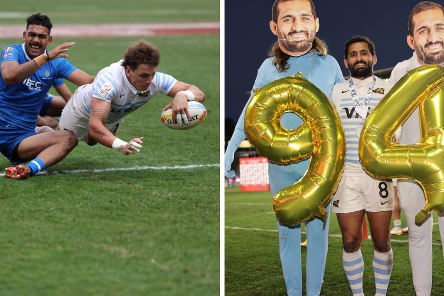 Luciano González, ante Samoa, anotó su try n° 100 con las camiseta argentina. Solo quedó detrás del actual entrenador, Santiago Gómez Cora (230) y Franco Sábato (129). Por su parte, Gastón Revol se convirtió en el jugador con mayor presencias en el circuito con 94. Y sumando...Crédito: Prensa UAR.