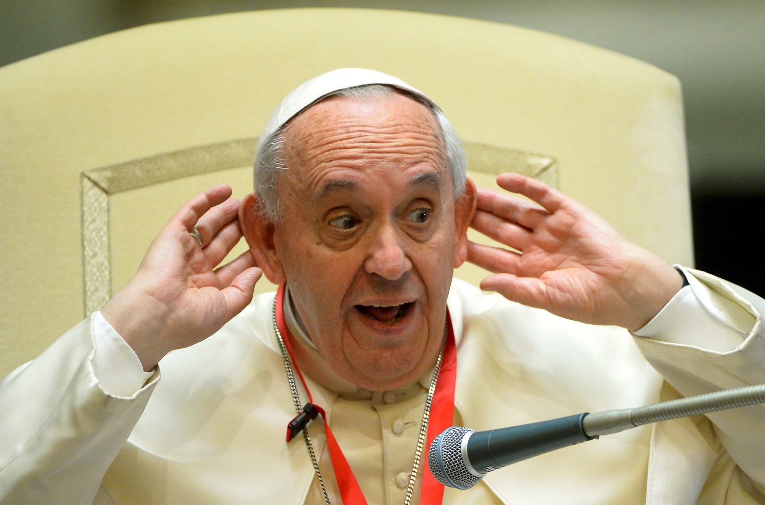 El Papa Francisco gesticula durante su reunión con los participantes en el evento del Tren de los Niños en el Vaticano el 30 de mayo de 2015.