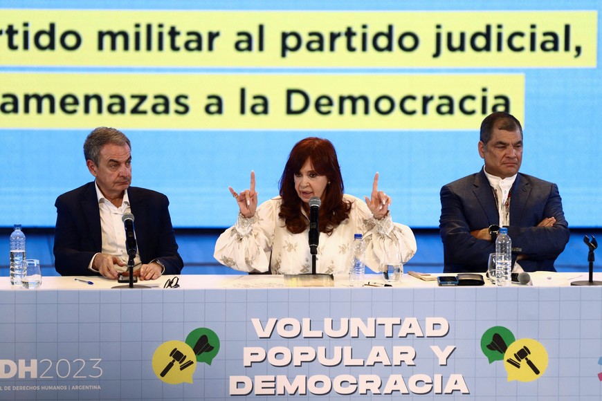 Argentina's Vice President Cristina Fernandez de Kirchner speaks as Ecuadorian former President Rafael Correa and former Spanish Prime Minister Jose Luis Rodriguez Zapatero look on during a meeting of the Puebla Group at the CCK Cultural Centre (Centro Cultural Kirchner), in Buenos Aires, Argentina March 21, 2023. REUTERS/Matias Baglietto