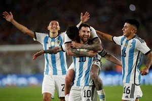 Soccer Football - International Friendly - Argentina v Panama - Estadio Monumental, Buenos Aires, Argentina - March 23, 2023
Argentina's Lionel Messi celebrates scoring their second goal with teammates REUTERS/Agustin Marcarian