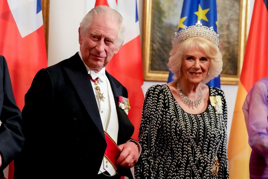 Britain's King Charles III, and Camilla, the Queen Consort, stand together prior to the State Banquet in the Bellevue Palace in Berlin, Wednesday, March 29, 2023. Matthias Schrader/Pool via REUTERS