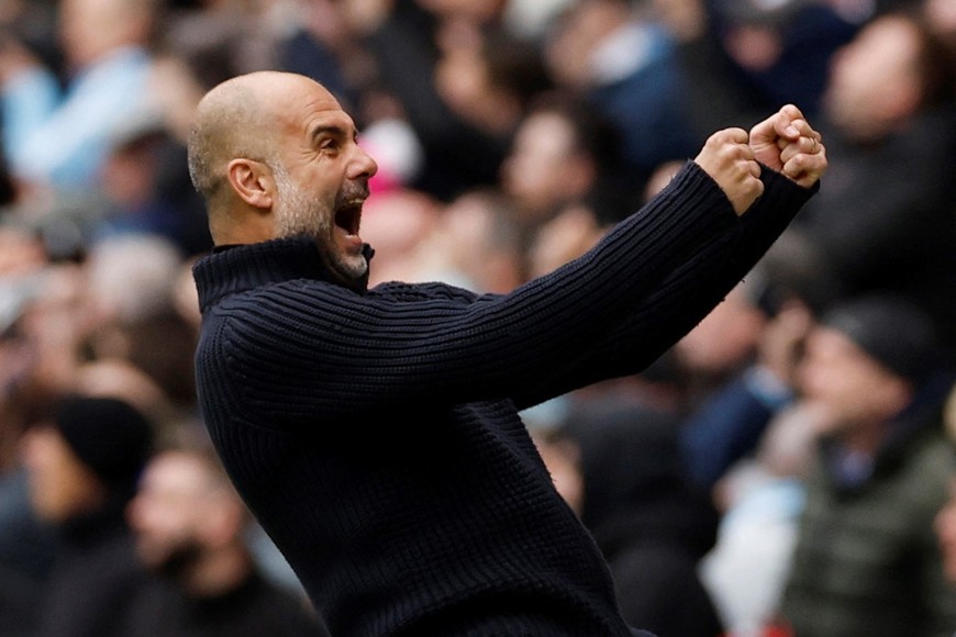 Soccer Football - Premier League - Manchester City v Liverpool - Etihad Stadium, Manchester, Britain - April 1, 2023 
Manchester City manager Pep Guardiola celebrates their first goal scored by Julian Alvarez Action Images via Reuters/Jason Cairnduff EDITORIAL USE ONLY. No use with unauthorized audio, video, data, fixture lists, club/league logos or 'live' services. Online in-match use limited to 75 images, no video emulation. No use in betting, games or single club	/league/player publications.  Please contact your account representative for further details.