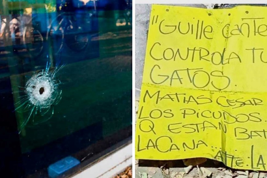 "Guille Cantero controlá tus gatos" decía un cartel hallado en septiembre de 2022 en Rosario, delante de un edificio baleado.