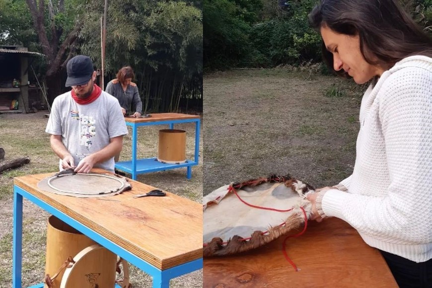 Encuentro de Percusión Sauce Criollo: Dos postales del taller de luthería, donde Edgardo “Gringo” Dubouloy enseña a construir bombos legüeros.