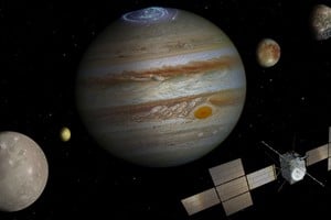 Ilustración de Juice observando Júpiter y sus lunas. Crédito: ESA