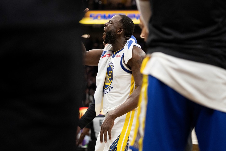 April 17, 2023; Sacramento, California, USA; Golden State Warriors forward Draymond Green (23) reacts to the crowd against the Sacramento Kings during the fourth quarter in game two of the first round of the 2023 NBA playoffs at Golden 1 Center. Mandatory Credit: Kyle Terada-USA TODAY Sports
