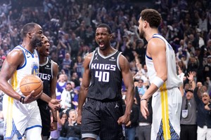 April 17, 2023; Sacramento, California, USA; Sacramento Kings forward Harrison Barnes (40) celebrates after a basket against the Golden State Warriors during the first quarter in game two of the first round of the 2023 NBA playoffs at Golden 1 Center. Mandatory Credit: Kyle Terada-USA TODAY Sports