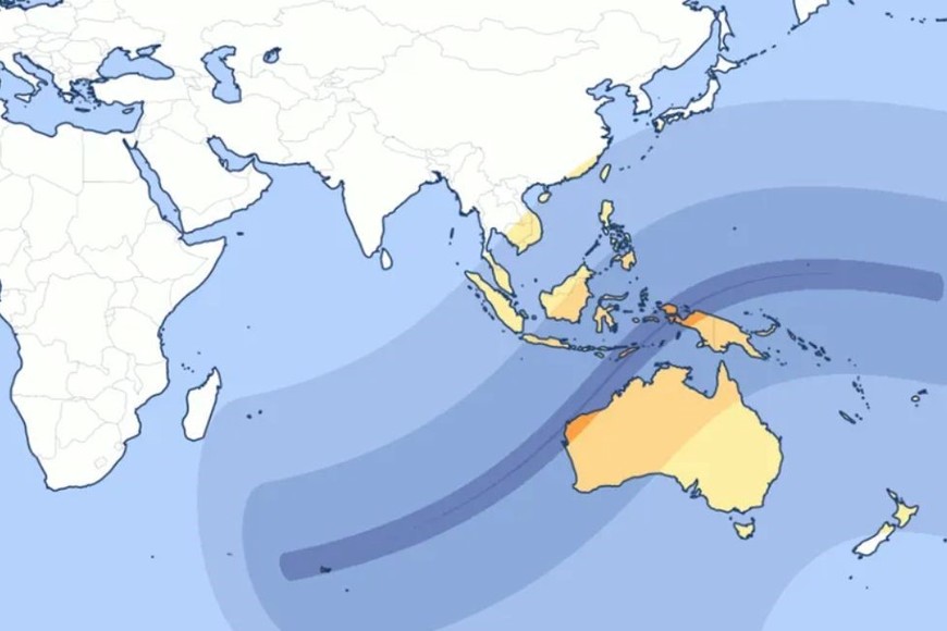 Camino de la sombra del eclipse de Sol híbrido del 20 de abril de 2023.