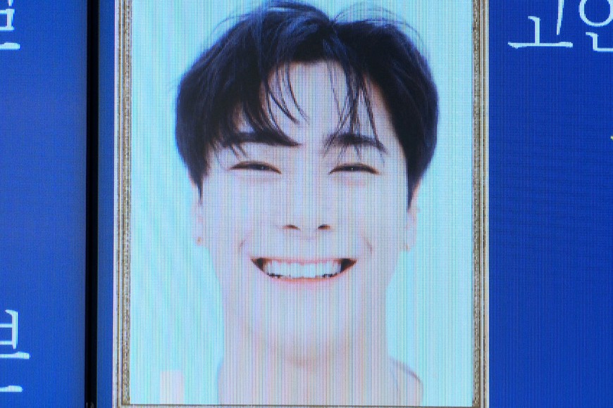 A portrait of Moonbin, a member of South Korean boy band Astro, is seen at a funeral home in Seoul, South Korea, April 20, 2023, in this still image taken from video. REUTERS/via Reuters TV/Daewoung Kim NO RESALES. NO ARCHIVES
