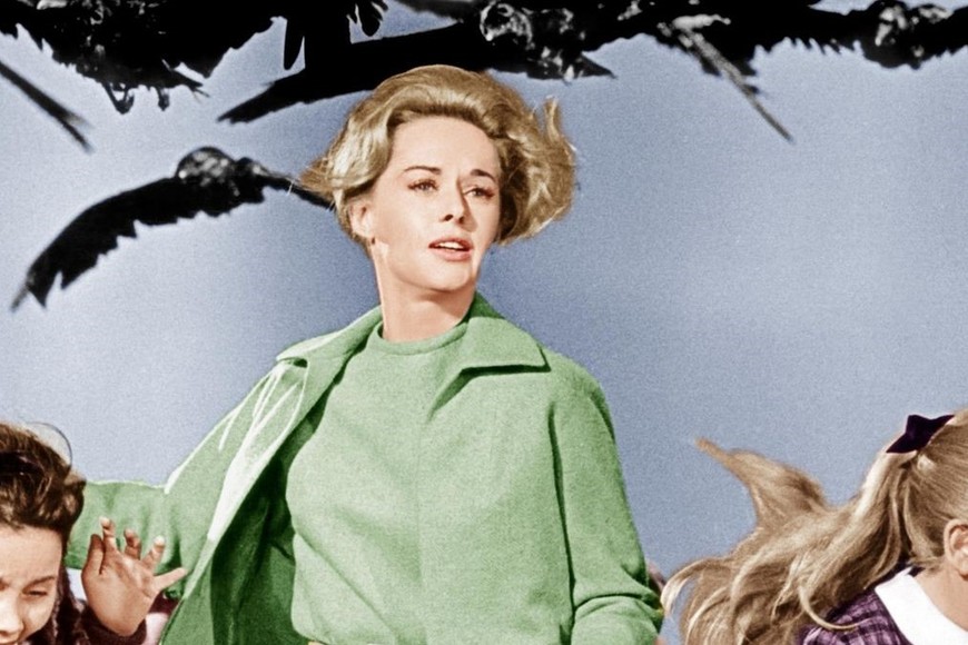 Los pájaros atacan a la bella Tippi Hedren en la película de Hitchcock. Foto: Universal Pictures