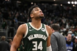 Apr 26, 2023; Milwaukee, Wisconsin, USA; Milwaukee Bucks forward Giannis Antetokounmpo (34) after a 128-126 loss to the Miami Heat during game five of the 2023 NBA Playoffs at Fiserv Forum. Mandatory Credit: Michael McLoone-USA TODAY Sports