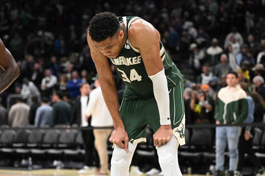 Apr 26, 2023; Milwaukee, Wisconsin, USA; Milwaukee Bucks forward Giannis Antetokounmpo (34) after a 128-126 loss to the Miami Heat during game five of the 2023 NBA Playoffs at Fiserv Forum. Mandatory Credit: Michael McLoone-USA TODAY Sports
