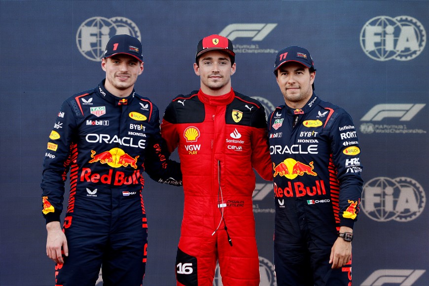 Formula One F1 - Azerbaijan Grand Prix - Baku City Circuit, Baku, Azerbaijan - April 28, 2023
Ferrari's Charles Leclerc poses for a picture after qualifying in pole position alongside second placed Red Bull's Max Verstappen and third placed Red Bull's Sergio Perez REUTERS/Maxim Shemetov