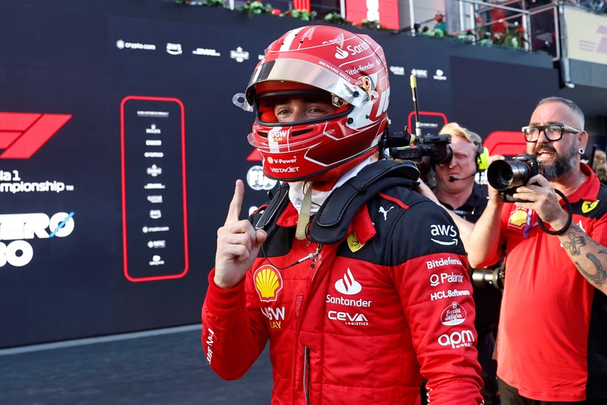 Formula One F1 - Azerbaijan Grand Prix - Baku City Circuit, Baku, Azerbaijan - April 28, 2023
Ferrari's Charles Leclerc celebrates after qualifying in pole position REUTERS/Maxim Shemetov
