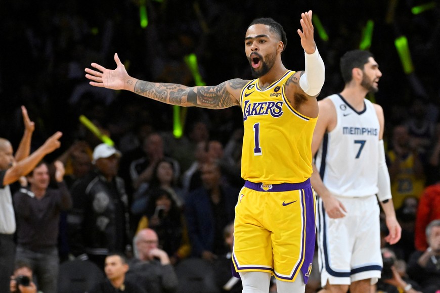 Apr 28, 2023; Los Angeles, California, USA; Los Angeles Lakers guard D'Angelo Russell (1) pumps up the crowd after a 3-point basket in the second half of game six of the 2023 NBA playoffs against the Memphis Grizzlies at Crypto.com Arena. Mandatory Credit: Jayne Kamin-Oncea-USA TODAY Sports