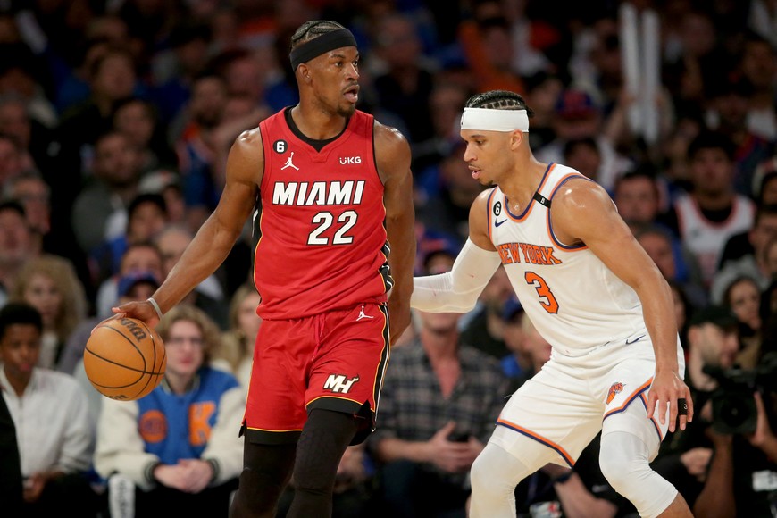 Apr 30, 2023; New York, New York, USA; Miami Heat forward Jimmy Butler (22) controls the ball against New York Knicks guard Josh Hart (3) during the third quarter of game one of the 2023 NBA Eastern Conference semifinal playoffs at Madison Square Garden. Mandatory Credit: Brad Penner-USA TODAY Sports