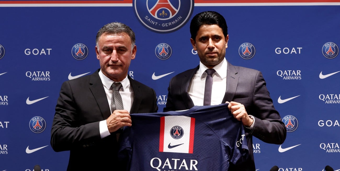 El entrenador Christophe Galtier junto al presidente Nasser Al-Khelaifi. Crédito: Benoit Tessier / Reuters