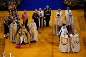 King Charles III wearing the St Edward's Crown and Queen Camilla wearing the Queen Mary's Crown during their coronation ceremony in Westminster Abbey, London. Picture date: Saturday May 6, 2023.    Andrew Matthews/Pool via REUTERS