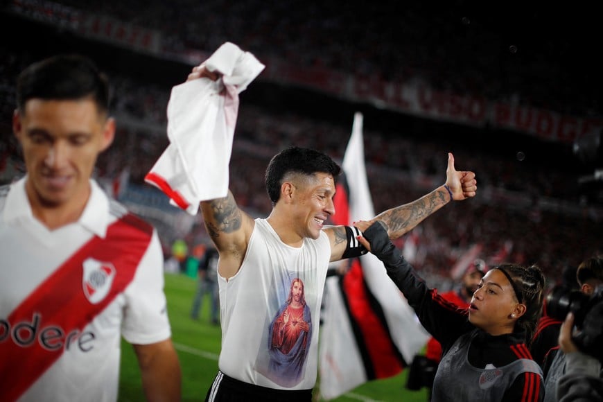 Soccer Football - Primera Division - River Plate v Boca Juniors - Estadio Mas Monumental, Buenos Aires, Argentina - May 7, 2023
River Plate's Enzo Perez celebrates after the match REUTERS/Agustin Marcarian