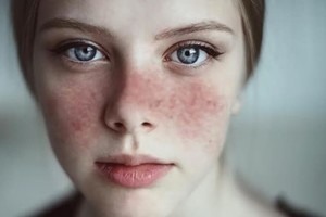 Un signo típico de lupus es un sarpullido rojo en forma de mariposa en las mejillas y nariz, por lo general luego de la exposición al sol.