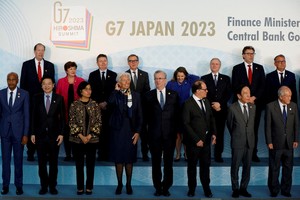 Italy's Economy Minister Giancarlo Giorgetti, Joachim Nagel, President of Germany's federal reserve Bundesbank, Japan's Finance Minister Shunichi Suzuki, Bank of Japan Governor Kazuo Ueda, Bank of Italy Governor Ignazio Visco, Canada's Minister of Finance Chrystia Freeland, Bank of Canada Governor Tiff Macklem, World Bank President David Malpass, International Monetary Fund (IMF) Managing Director Kristalina Georgieva, European Central Bank (ECB) President Christine Lagarde, France's Director General of the Treasury Emmanuel Moulin, Bank of France Governor Francois Villeroy de Galhau, Eurogroup President Paschal Donohoe and other delegates attend a family photo session at the G7 Finance Ministers and Central Bank Governors' meeting in Niigata, Japan, May 12, 2023. REUTERS/Issei Kato