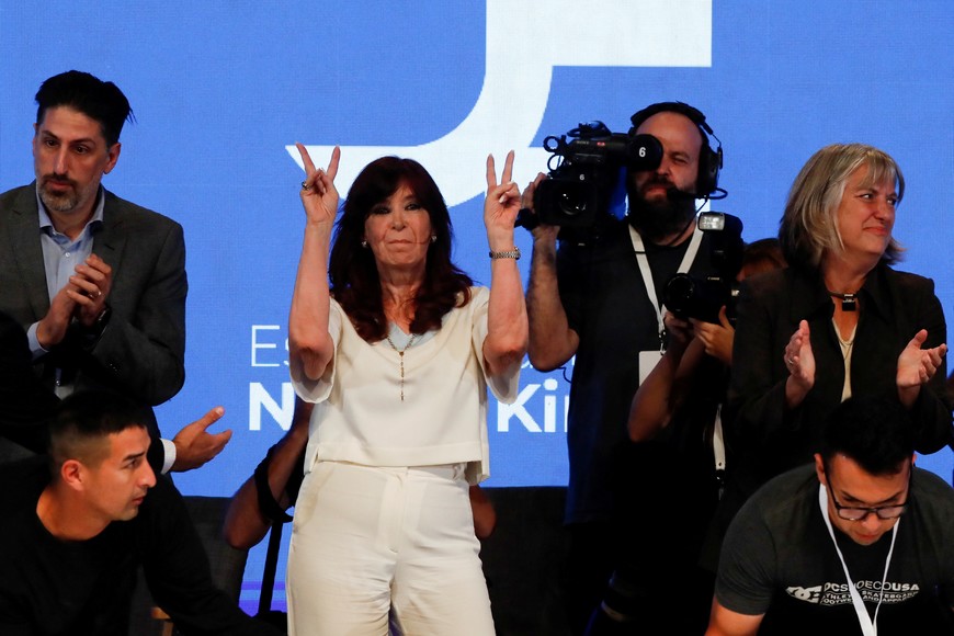 Argentina's Vice President and former President Cristina Fernandez de Kirchner gestures as she holds a masterclass at the Teatro Argentino, in La Plata, Argentina, April 27, 2023. REUTERS/Agustin Marcarian