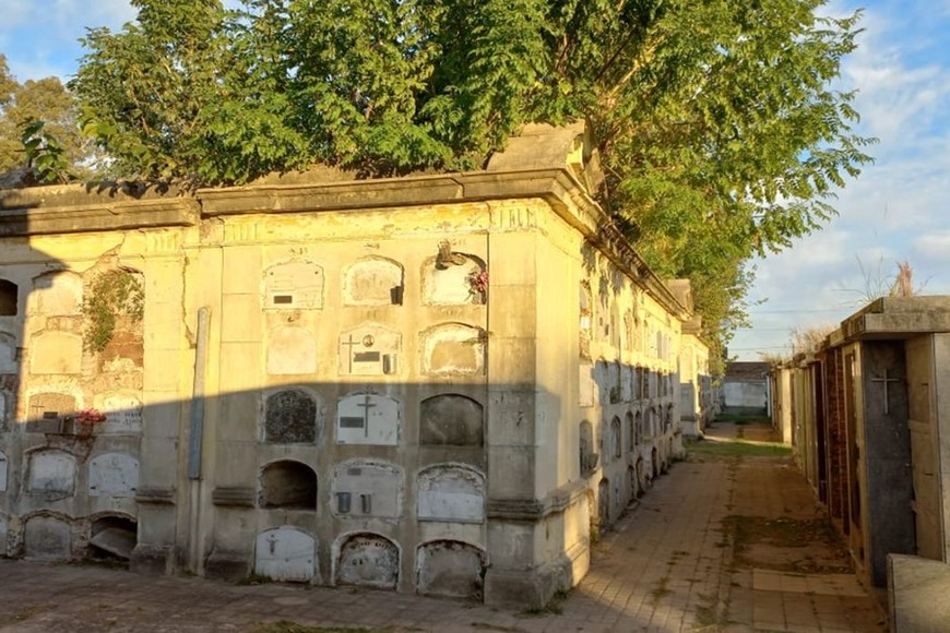 Pabellón antiguo, sector norte del Cementerio Municipal de Santa Fe- Fotografía del 17 de mayo- 2023- Puede observarse un enorme árbol en el techo con raíces en las tumbas.  Foto: Gentileza