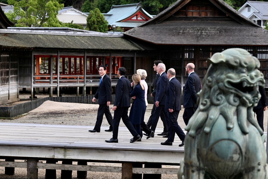 U.S. President Joe Biden and other G7 leaders visit the Itsukushima Shrine on Miyajima Island in Hatsukaichi, Japan, Friday, May 19, 2023. Kenny Holston/Pool via REUTERS