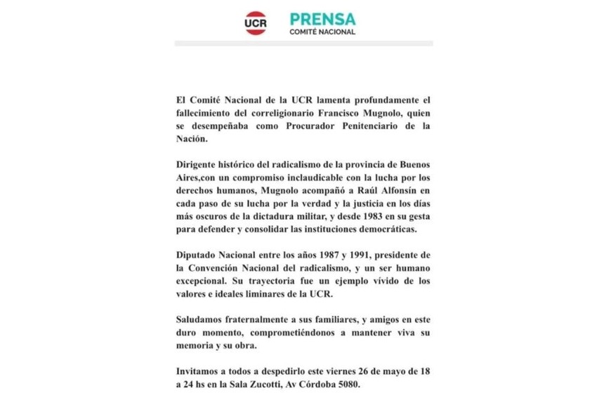 Profundo pesar de la UCR por la muerte del Procurador Penitenciario de la Nación, Francisco Mugnolo.