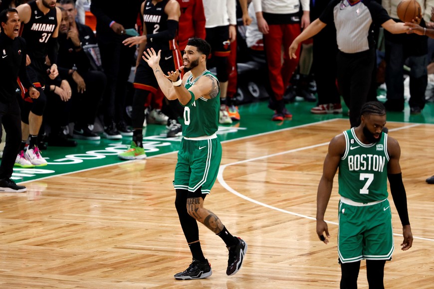 May 29, 2023; Boston, Massachusetts, USA; Boston Celtics forward Jayson Tatum (0) reacts during the third quarter against the Miami Heat in game seven of the Eastern Conference Finals for the 2023 NBA playoffs at TD Garden. Mandatory Credit: Winslow Townson-USA TODAY Sports