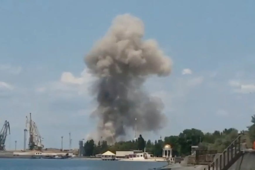 A view of an explosion in Berdyansk, Russian-controlled Ukraine released on June 2, 2023, in this screen grab obtained by REUTERS from a social media video.. THIS IMAGE HAS BEEN SUPPLIED BY A THIRD PARTY. NO RESALES. NO ARCHIVES.