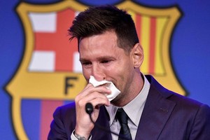 Lionel Messi en su conferencia de prensa de despecida del Barcelona