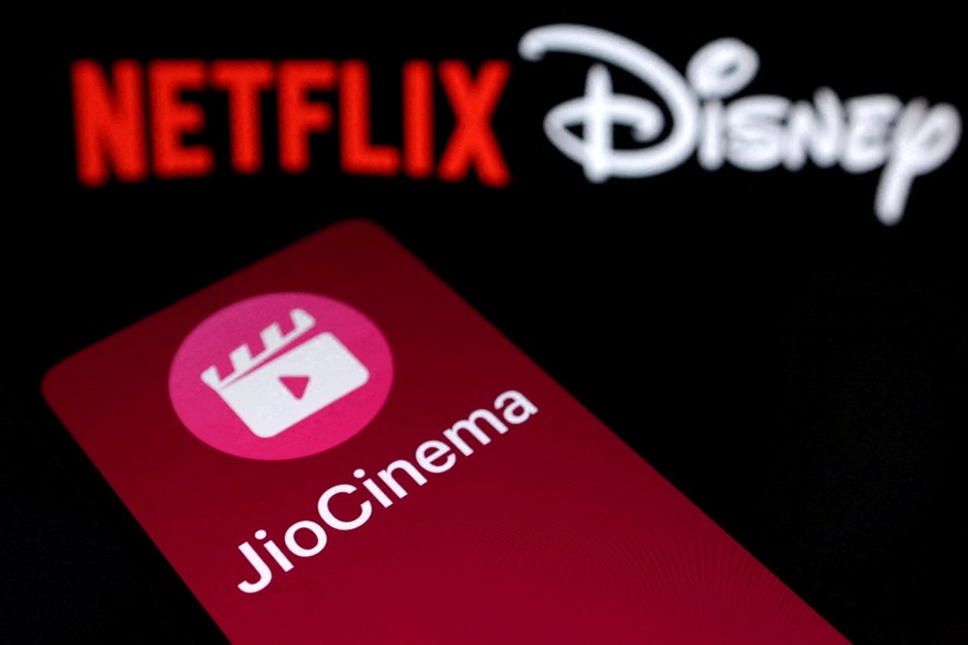 FILE PHOTO: JioCinema, Netflix and Disney logos are seen in this illustration taken April 28, 2023. REUTERS/Dado Ruvic//File Photo