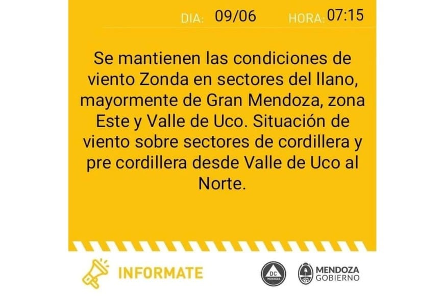 El alerta emitido por el Gobierno de Mendoza.