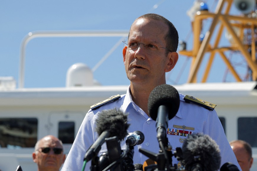 Rear Admiral John Mauger, the First Coast Guard District commander, speaks during a press conference updating about the search of the missing OceanGate Expeditions submersible, which is carrying five people to explore the wreck of the sunken Titanic, in Boston, Massachusetts, U.S., June 22, 2023.  REUTERS/Brian Snyder