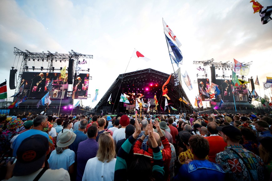 Elton John performs at the Glastonbury Festival site in Somerset, Britain, June 25, 2023. REUTERS/Jason Cairnduff