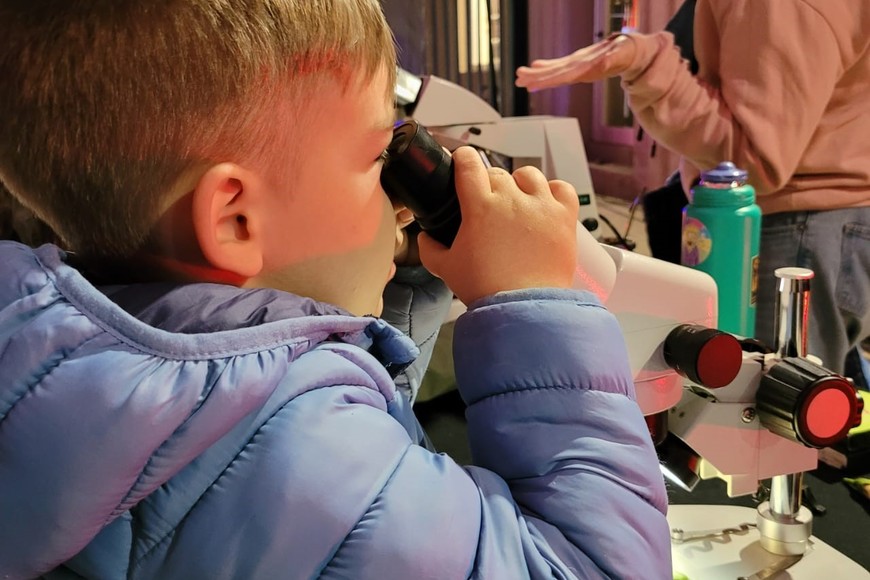 El microscopio causó fascinación entre los pequeños curiosos. Foto: Pablo Aguirre.