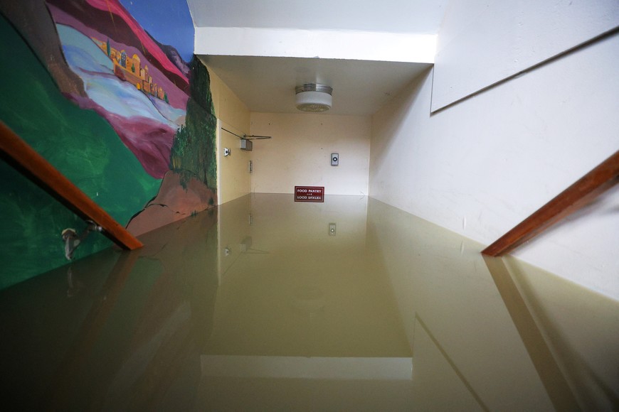 Water fills the basement food pantry of Trinity United Methodist Church after flooding from recent rain storms in Montpelier, Vermont, U.S., July 11, 2023.     REUTERS/Brian Snyder