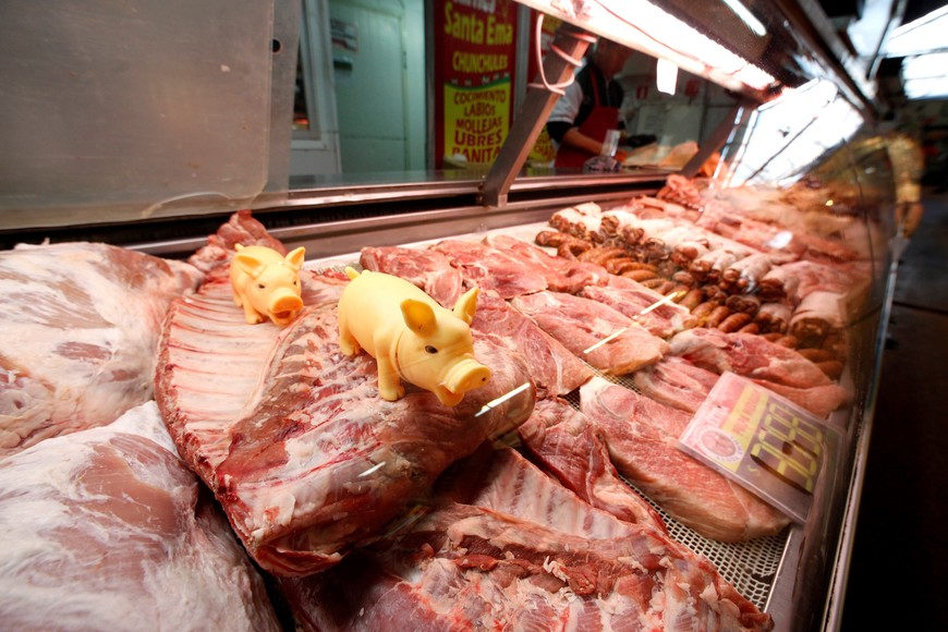 Toy pigs are displayed on pork meat in a market in Santiago, Chile July 25, 2017. REUTERS/Ivan Alvarado santiago de chile  venta carne de cerdo en santiago de chile carne de cerdo carnicerias