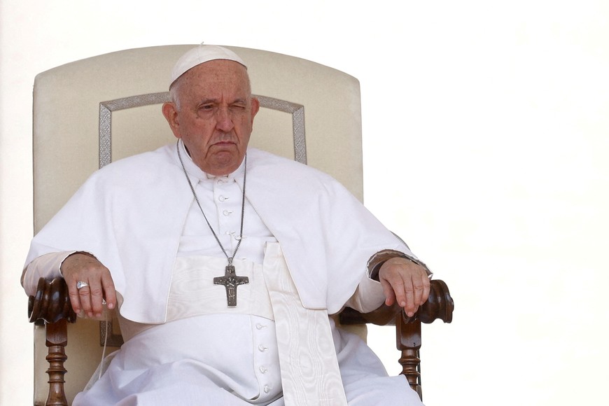 FILE PHOTO: Pope Francis looks on as he holds the weekly general audience in St. Peter's Square at the Vatican, May 31, 2023. REUTERS/Guglielmo Mangiapane/File Photo