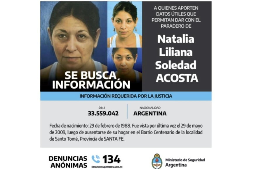 Recompensa para encontrar a Natalia Liliana Soledad Acosta