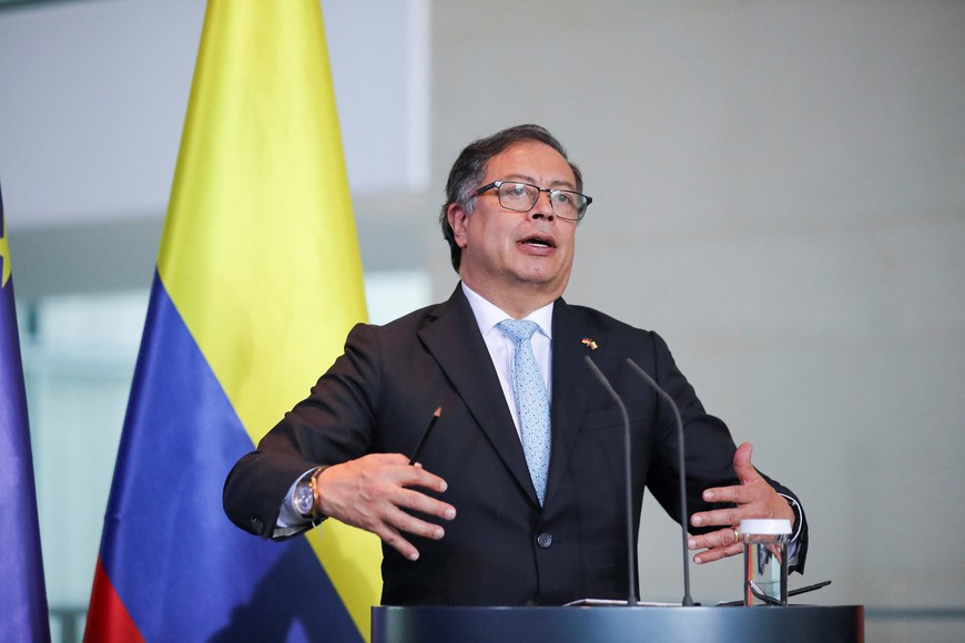 Colombian President Gustavo Petro speaks during a press conference with German Chancellor Olaf Scholz (not pictured), in Berlin, Germany, June 16, 2023. REUTERS/Nadja Wohlleben