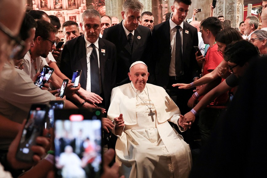 Pope Francis on a vespers with Bishops, Priests, Deacons, Consecrated Men and Women, Seminarians, and Pastoral Workers at Mosteiro dos Jeronimos in Lisbon, Portugal, 02 August 2023. JOAO RELVAS/Pool via REUTERS