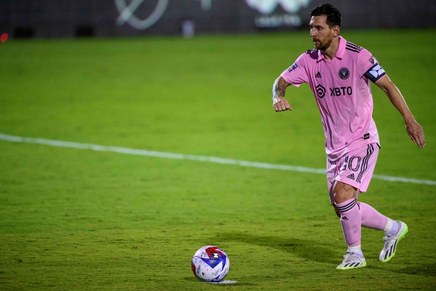 Aug 6, 2023; Frisco, TX, USA; Inter Miami forward Lionel Messi (10) attempts a shot during penalty kicks in the game between FC Dallas and Inter Miami at Toyota Stadium. Mandatory Credit: Jerome Miron-USA TODAY Sports
