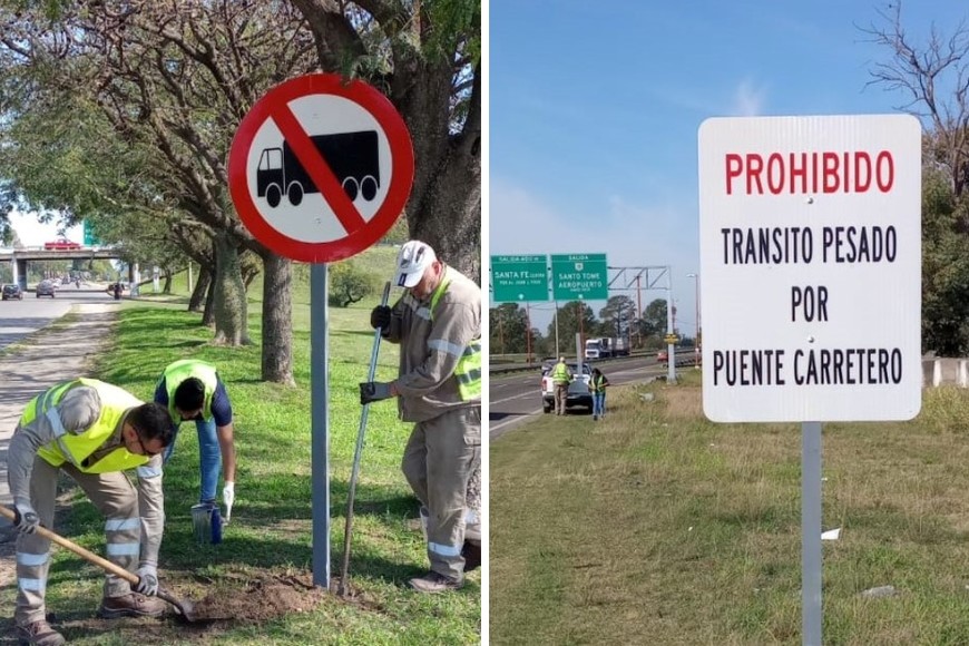 Cartelería que prohíbe el tránsito pesado por el Puente Carretero.