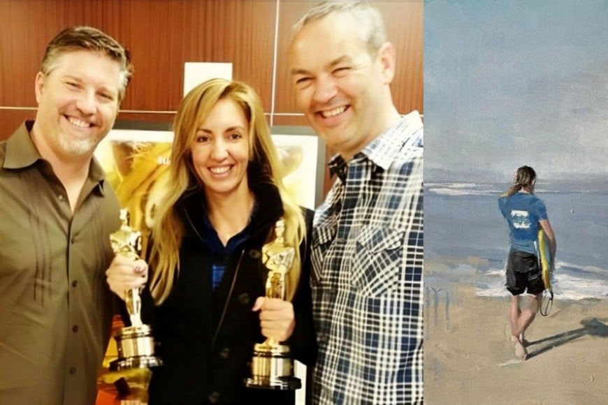 Alina Añón, artista plástica nacida en Santa Fe: Con los Oscar recién entregados en 2013, junto a Bill Westenhofer y Erik-Jan de Boer, referentes de Rhythm & Hues Studios; surfeando en José Ignacio, uno de sus lugares en el mundo, retratada por ella misma.