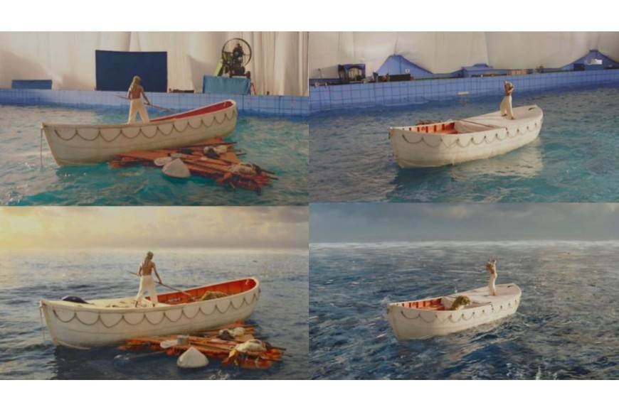 Alina Añón, artista plástica nacida en Santa Fe: dos tomas del actor Suraj Sharma, protagonista de “Una vida extraordinaria”, rodando en la piscina del estudio; posteriormente se agregaron el tigre y los cielos pintados por Alina, que luego fueron reflejados en un mar ampliado.