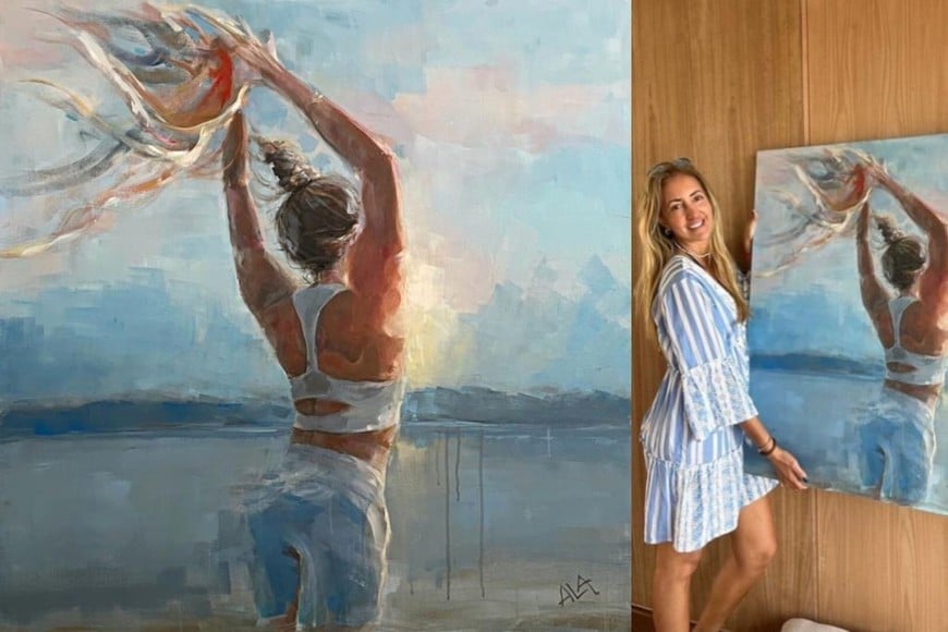 Alina Añón, artista plástica nacida en Santa Fe: “Donde habita la calma”, de la serie “Girl in the Ocean”, y la artista entregándolo en su ubicación actual: un spa en Uruguay, donde reside parte del año.