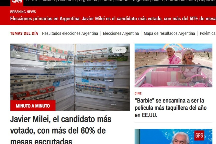"Javier Milei, el candidadato más votado, con el 60% de las mesas escrutadas" dice CNN